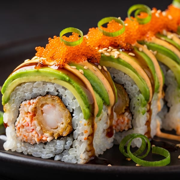 Dragon sushi roll with avocado, tempura shrimp, roe, and sauce on a dark plate.