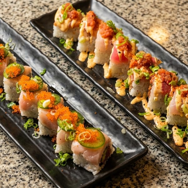 Two platters of sushi rolls, one with salmon, roe, and jalapeño, the other with tuna and sauce.