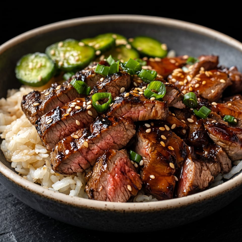 Sliced glazed beef steak with sesame seeds and scallions served over rice with cucumber slices.