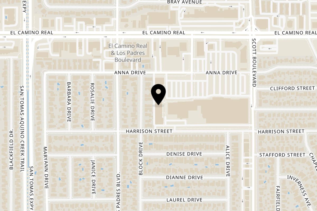 Map showing the location of Kobe Japanese Restaurant on 2086 El Camino Real in Santa Clara